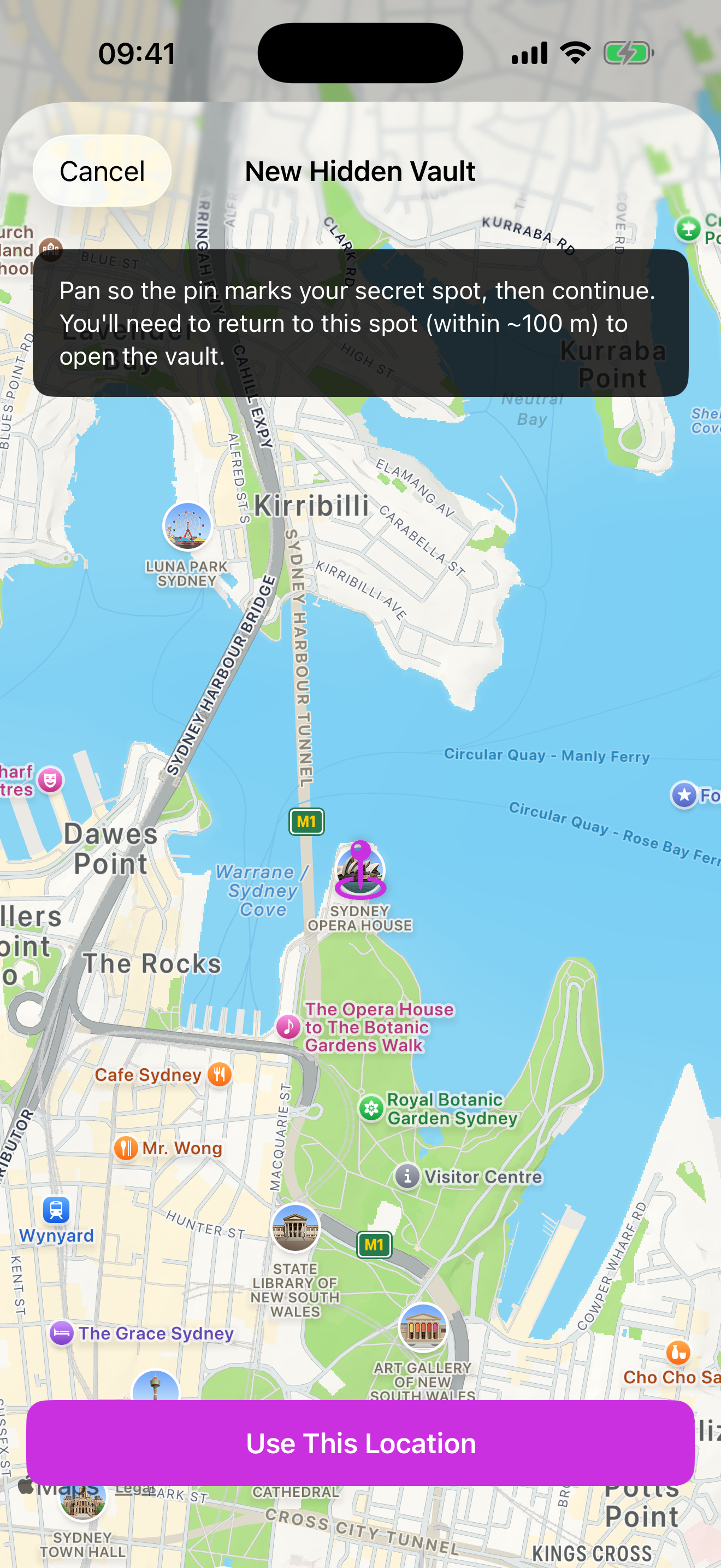 Creating a hidden vault with a map spot and passphrase