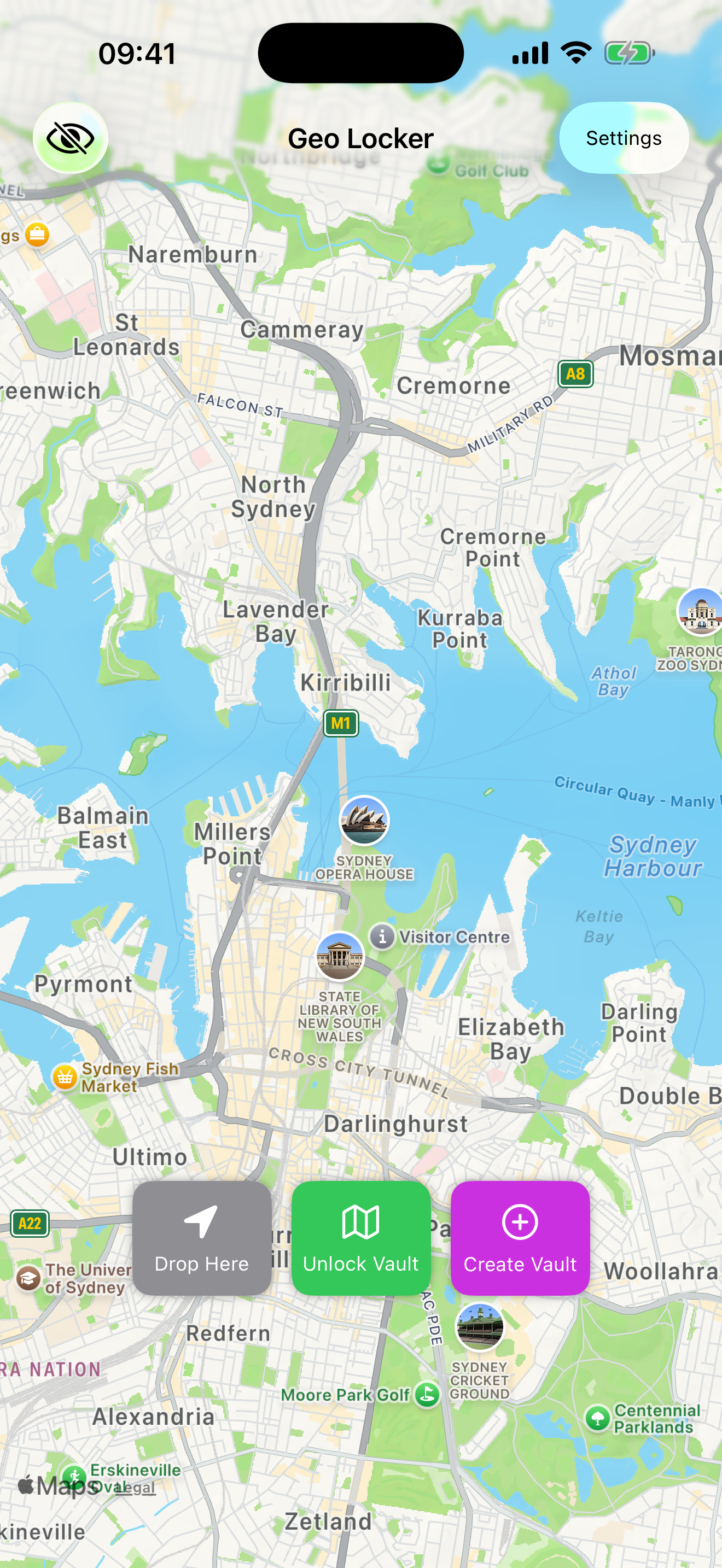 GeoLocker map centred on Sydney with vault controls