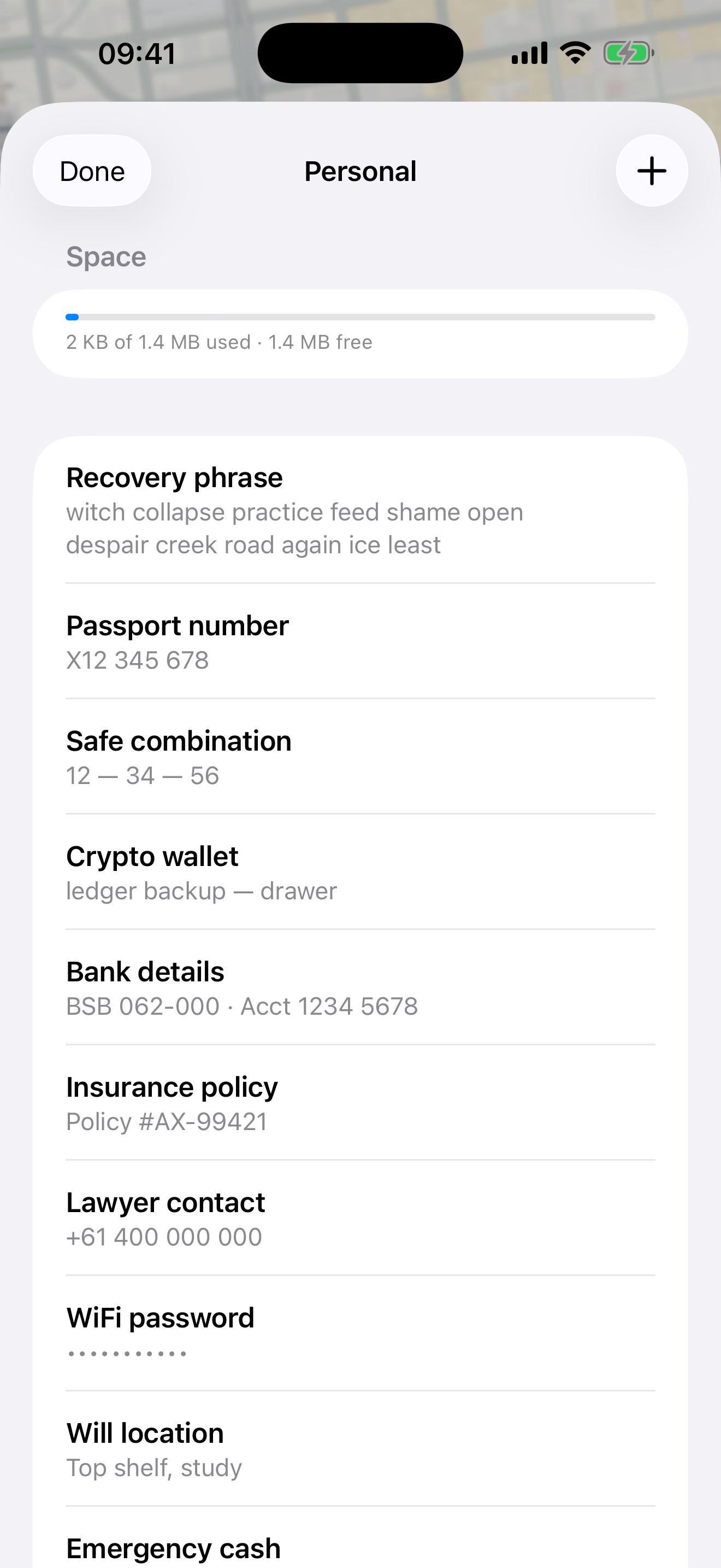 Vault contents: notes, photos, video, audio and files